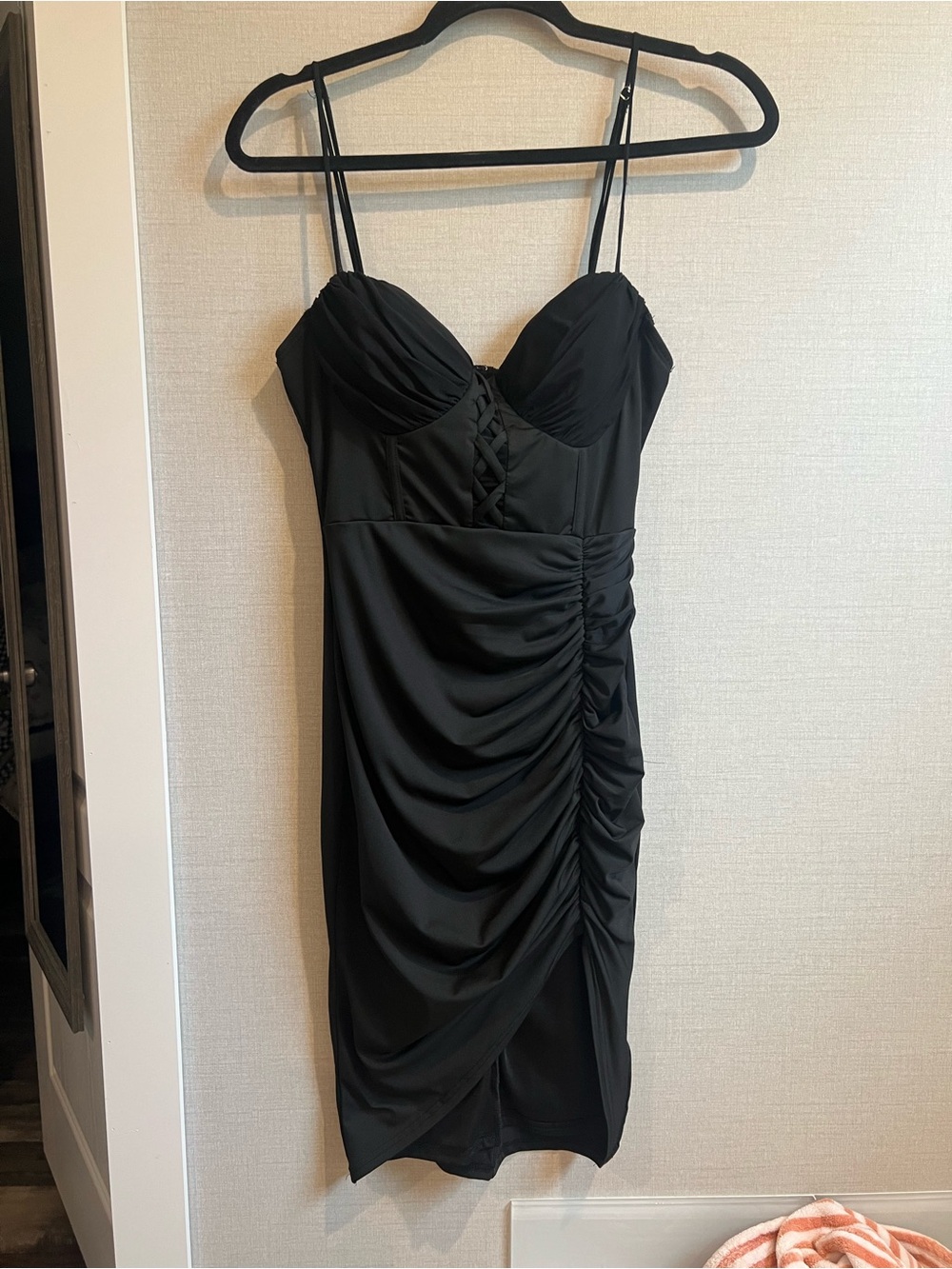 privy Black Ruched Satin Mini Dress with Spaghetti Straps